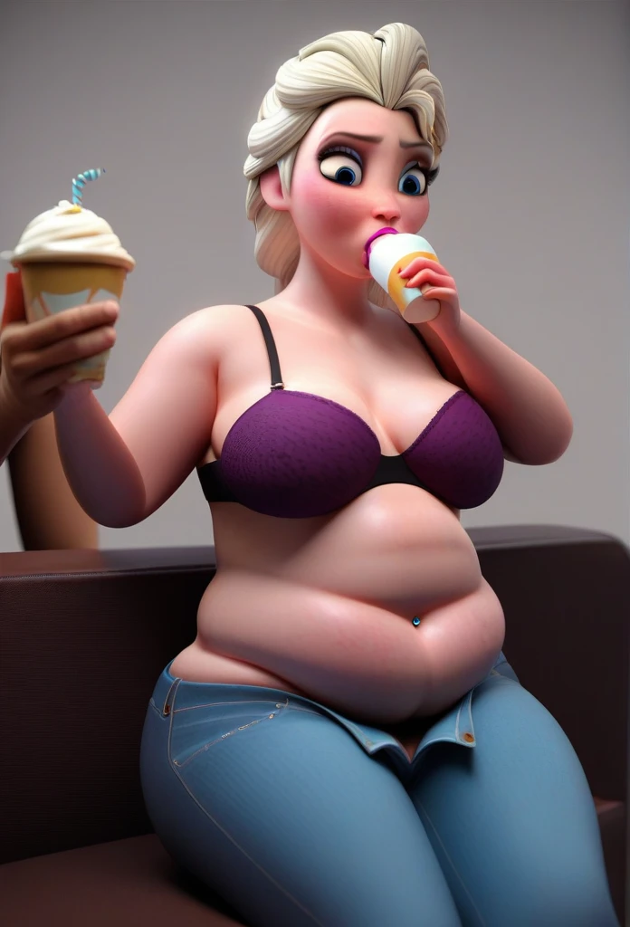 (( 3D, a slim and short Feeder Man,a Feeder Man pinching elsas cheeks,A Man pinching and  touching Elsas Belly )) , jeans_pull,Tall ,slim faced Surprised Elsa, fed by a man, gained weight,  elsa hands resting on belly,Sitting across table fed by a man with...