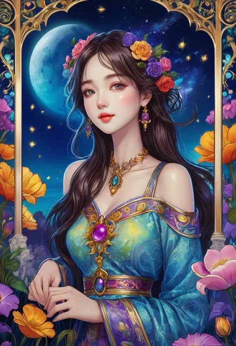 Tarot Cards, beautiful, a girl reading Tarot Cards,Smiling girl,beautiful細部,Detailed lips,Tarot Cards,Ancient Tarot Decks,illustrated Tarot Cards,Vibrant colors,Mysterious atmosphere,Magic Garden,Flowers Bloom,moonlight,Night Sky,Soft glow,Artistic Oil Pai...