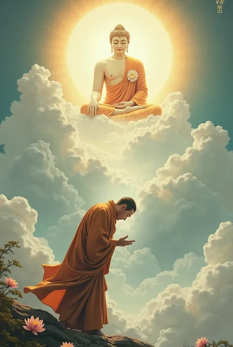 Monk bows to Buddha in the sky