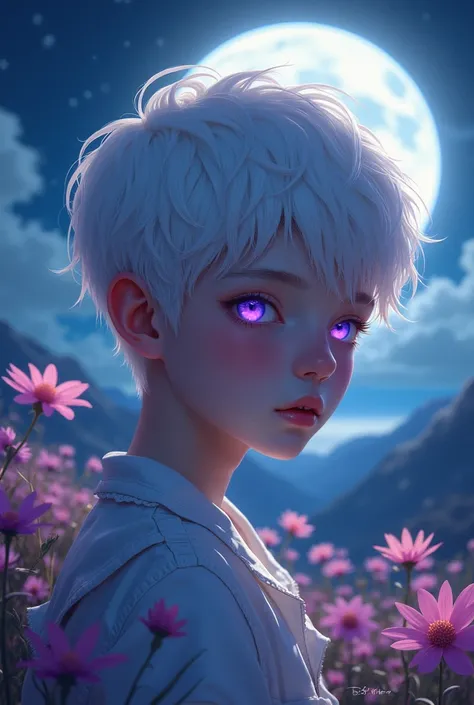 realistic, 1boy, white hair, purple eyes, glowing eyes, white shirt,parted lips, blush, night, flowers, sun, sunlight,