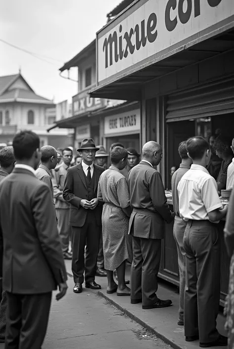 Make me an illustration of real photos from the Dutch colonial era in Indonesia, and they were seen lining up in front of the Mixue ice cream stall, the photo is black and white, and the people are the Dutch team + local people who do forced labor