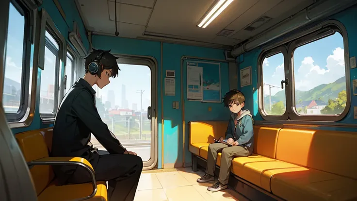 On train, boy sitting in seat, headphones, lost in thought, looking out window, landscape concept art, studio art, background painting animation, train, boy, headphones