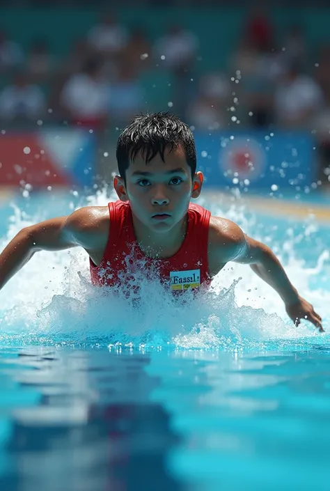 (super realism) 
Indonesian male junior high school wearing uniform with nametag named "Faisal" winning olympic swimming race with his uniform Eqquiped, clear nametag with 4k resolution