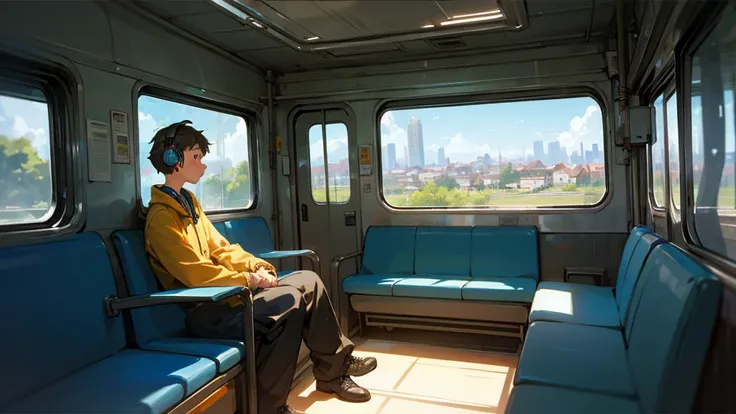 On train, boy sitting in seat, headphones, lost in thought, looking out window, landscape concept art, studio art, background painting animation, train, boy, headphones