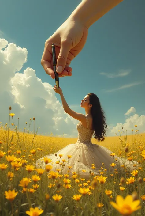 A woman wearing a full beautiful dress and kneeling down to give her big pen to a big hand from the sky that is wanting to take it
. The place shes in is a yellow flower field 