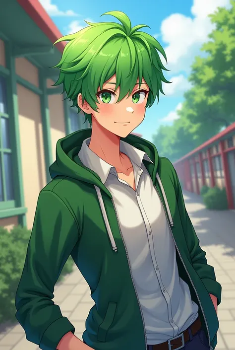 A high school boy with short, green hair who is bright, energetic, and cool