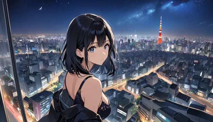 A black-haired woman looking out over the city of Tokyo,Night starry sky,Streetscape、listen to music、Japanese　Black Hair　Cleavage