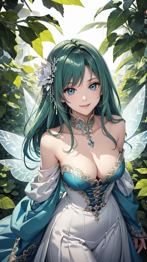 masterpiece、Highest quality、Very detailed、Beautiful lighting、Adult、Bright Blue Eyes[Fairy]、Green Hair、Knight Road、smile、[[Big Breasts]]