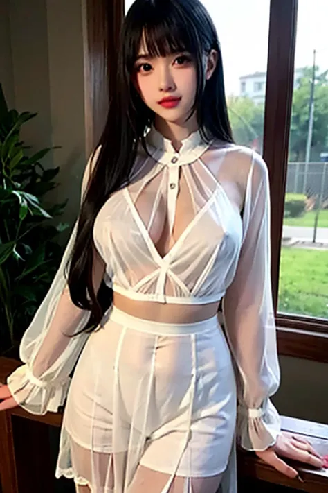 Black Hair　Beauty　high resolution　whole body　Beautiful breasts　Lightweight white blouse　See-through　See-through　Wet　Nipples　Shaved　Black Skirt