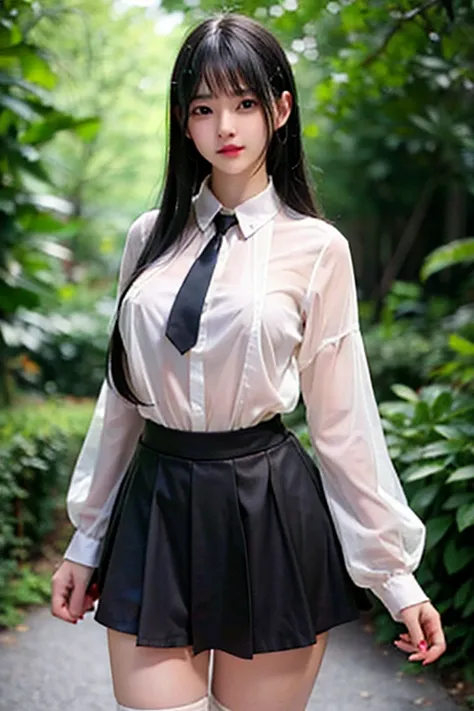 Black Hair　Beauty　high resolution　whole body　Beautiful breasts　Lightweight white blouse　See-through　See-through　Wet　Nipples　Shaved　Black Skirt