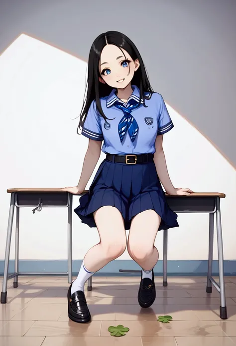 score_9, score_8_up, score_7_up, score_6_up, score_5_up, score_4_up, source_anime, realistic anime illustration of pretty Asian young woman is posing at classroom, she is in black long straight hair (+forehead), wearing pastel indigo-blue short sleeves col...