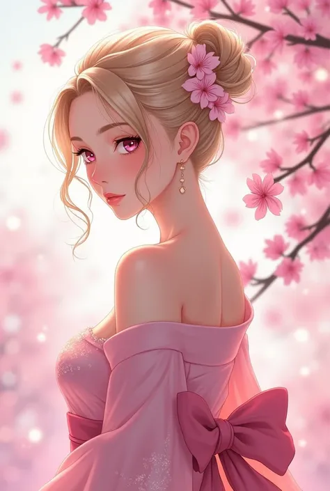 Pink kimono, champagne gold hair, ponytail, pink eyes, C cup, cherry blossom background, anime