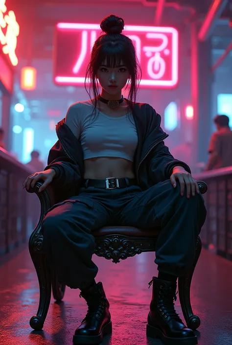 creative angle, photo manipulation, ultrarealistic, super detailed, a Japanese woman, beautiful face with firm eyes, wearing a t-shirt combined with a cyberpunk robe combined with cargo pants and high boots, sitting proudly on an artistic iron chair, atmos...