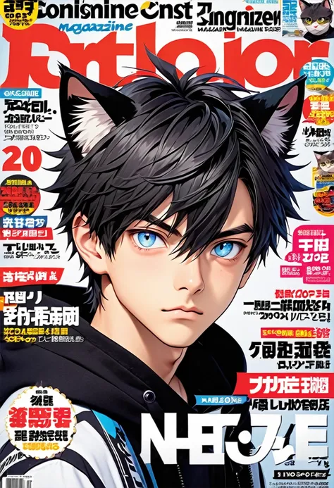 cat ears,1 boy,20yo,cool,(sharp eyes:1.3),(magazine:1.5),english logo