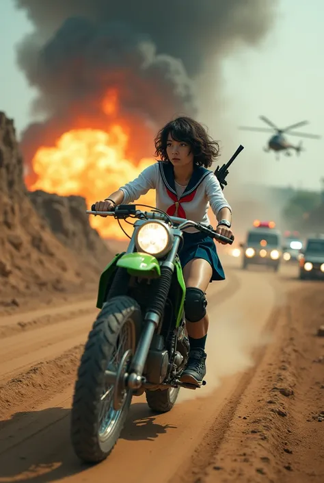 documentary photo, realistic, dramatic scene, very beautiful Japanese high school girl, short curly-haired, bad girl, Riding acrobatically on a motorcycle in high speed on the rough road, single crime, (she is alone and being chased by police cars on the d...