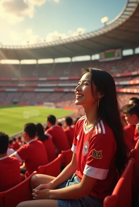 (photorealism:1.2), beautiful woman, sitting on GBK indonesian stadium soccers holding an indonesian flags, crowded supporter with indonesian soccer jersey, smiling happy at nights, live soccer match between indonesian vs Australian, realistic, intricate d...