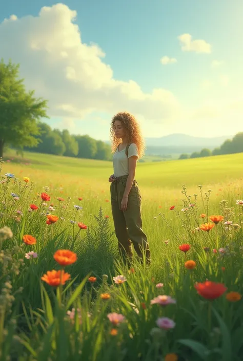 A  alone with blond curly hair and a gardener in the meadow 