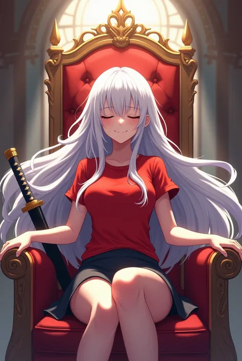 Anime style Goddess girl sits on a throne White hair eyes closed Katana stands next to her Dressed in a mini skirt and a red T-shirt 