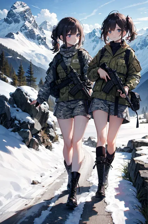 (masterpiece), 4K,{{{2 women}}}, Lesbian，boots,Random Hairstyles,((scared )),Shooting from afar,Camouflage military uniform,In the mountains,work