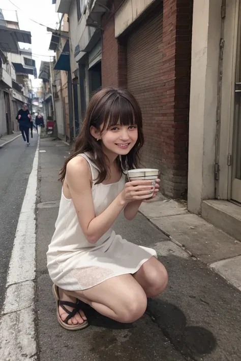 Highest quality, masterpiece, High resolution, detailed, Perfect Anatomy, Rugware, One Girl, Brown eyes, Brown dress, beggar, Slums, A shy smile、Swept-apart bangs, Long Hair, beggar 、 On my knees, Holding Bowl,  Peeing on the street、White string panties