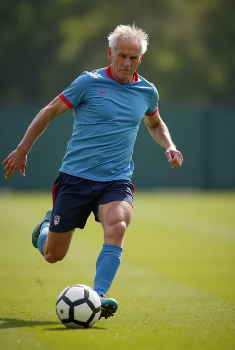 A 50-year-old soccer player in a dynamic pose, kicking a soccer ball with force, full-body shot, realistic lighting, depth of field effect.