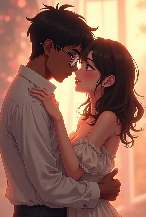 Generate a picture of a boy
Dark skinned boy
Transparent glasses
Anime handsome guy 1

And a beautiful girl facing in her arms
Sweet and cute
In love