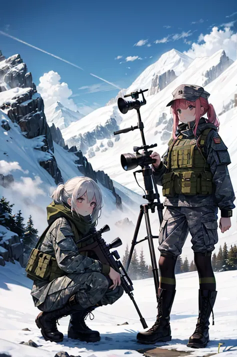 (masterpiece), 4K,{{{2 women}}}, Lesbian，boots,Random Hairstyles,((Sniper )),Shooting from afar,Camouflage military uniform,In the mountains,work