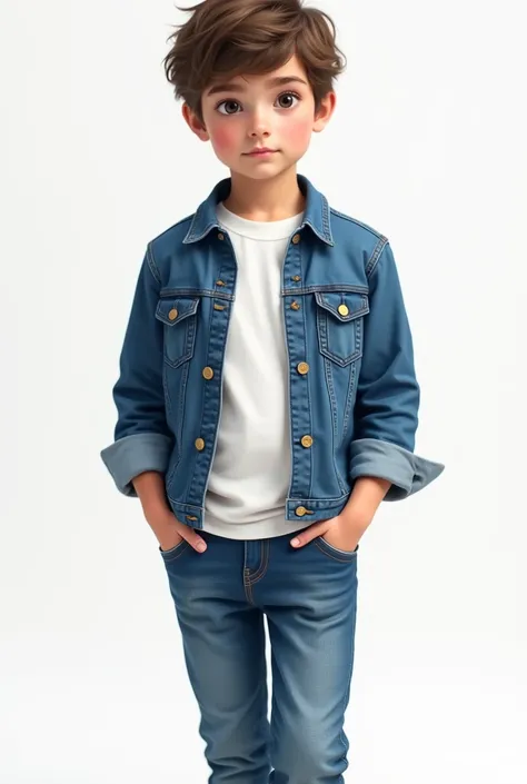 A boy wear
White full T- shirt, Blue Denim jeans, blue
 Coat jacket