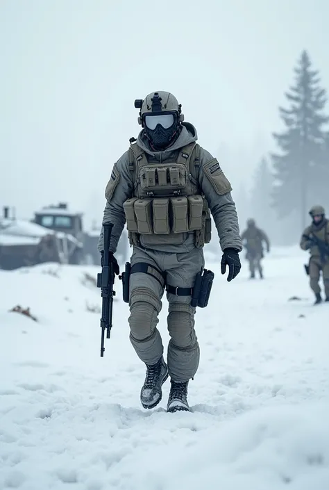 Draw me l modern soldier walking away snow war field