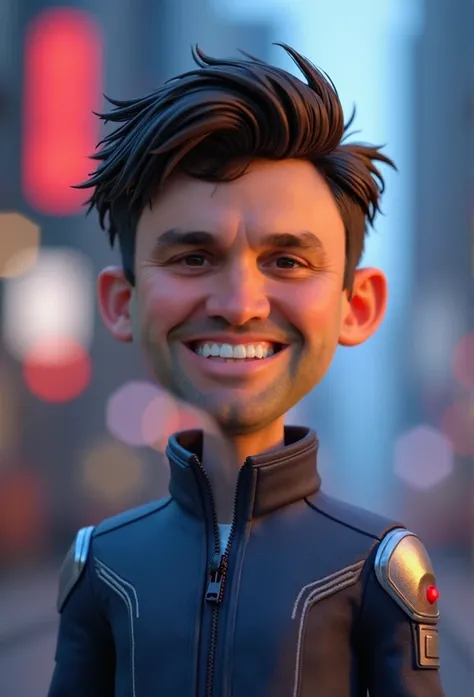 a man, full body, with dark brown hair, short hair, fair skin, brown eyes, round fave shape, smiling, happy, wearing a future outfit in dark blue and light blue Colors, Caractere estilizado, renderização de estilo de animação, 3D estilizado, Renderização d...