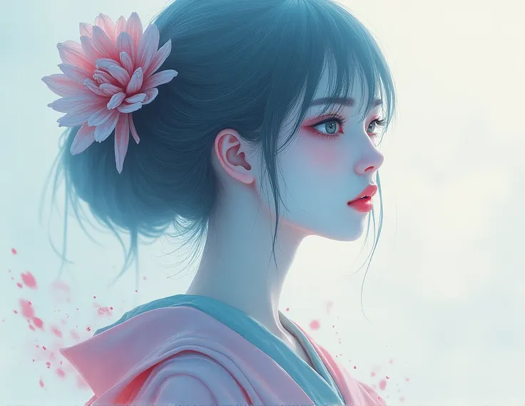 A beautiful oiran with a sorrowful expression, her entire face visible, depicted in a soft watercolor style. Her eyes gaze off into the distance, filled with quiet melancholy, as if lost in thought. The brushstrokes are light and delicate, with translucent...