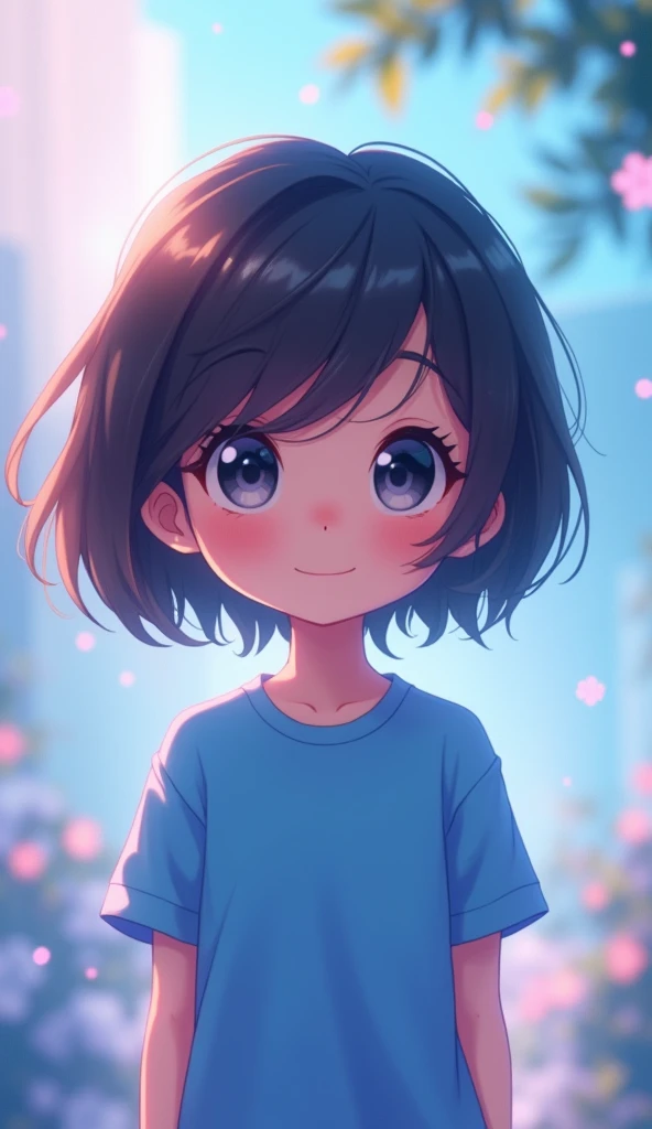 Make a cute Amime character wearing blue t shirt with Blue And Pink Light effect blur in background 