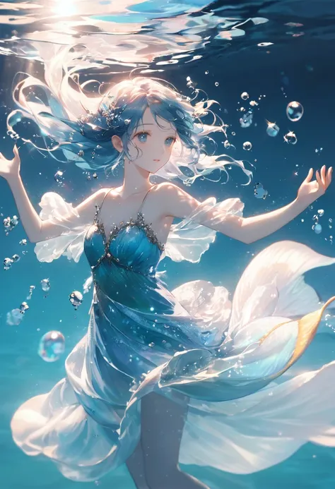 (masterpiece, best quality),(double exposure water:1.2),water fairy girl,fancy water magic,beautiful, watery hair, bubbles appearing from her both hands,floating in the sea,simple blue background, like a mermaid, splash-color,lens flare,