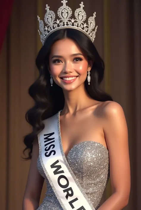 Miss world Indonesia wear crown, sash and silver evening gown at stage. Indonesian face