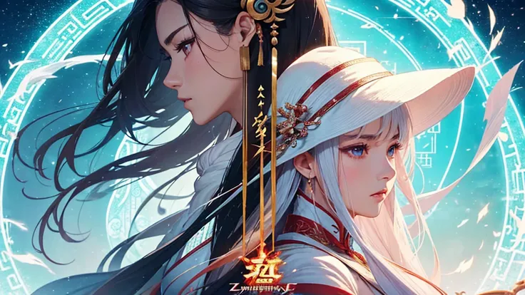 a close up of two different movie posters with a woman in a white dress, xianxia fantasy, yiqiang and shurakrgt, inspired by Li Gonglin, inspired by Guan Daosheng, full body wuxia, inspired by Zhu Derun, inspired by Zhang Han, chinese fantasy, style of arc...