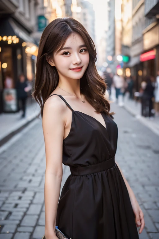 ((best quality, 8k, masterpiece :1.3)), 1 girl, smiling, whole body, face slimming, pretty Woman, (Dark brown hair), full length dress :1.1, Super detailed faces, delicate eyes, double eyelids, blurred background, face slimming, City, external, street,