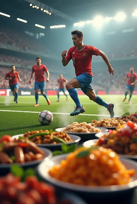 Images of sporting events with images of typical dishes and male Futsal players 