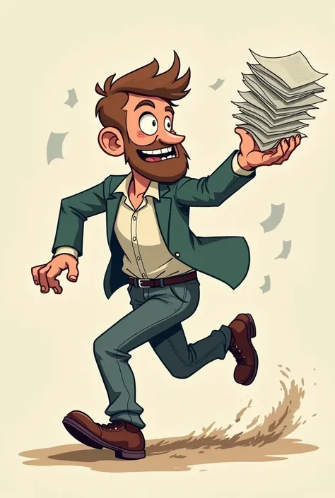 A clumsy character with a pile of paper in his hand running as if he hadn&#39;t planned anything. 
