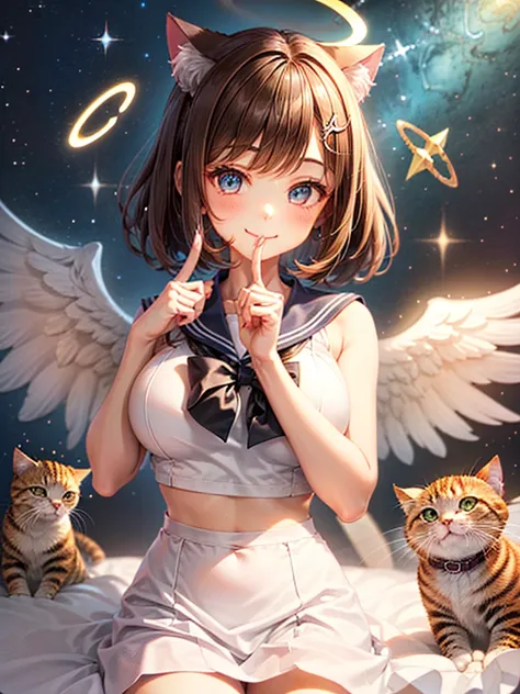 a beautiful smiling girl in a sailor suit,halation,cat ear,brown hair short bob,front,very beautiful eyes,universe,milky way,(((...