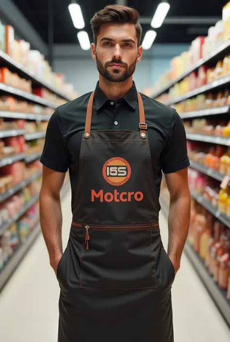 Mockup of a supermarket uniform with a short sleeve shirt and an apron, both featuring the company logo and slogan in detail. Display the uniform in a store environment, focusing on applying the brand&#39;s visual identity.