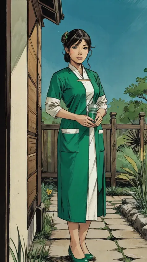 Feminine Asian Women Medical Nurse, Wearing Feminine Green Modest Costume, Holding Mortar Medicine, standing behind green garden, full body portrait from head to toe, showing full body portrait from head to toe, detailed comic artstyle.