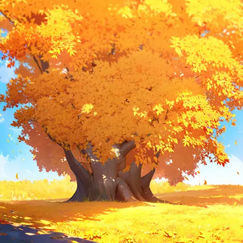 impressionist painting, a tree with golden leaves and a blue sky background.