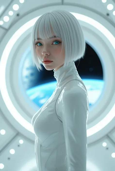 Photorealistic、Drawing from the neck up、Pure white space station room、The entire space is white and inorganic, but bright white lights are strung throughout.、Silence、25th century、A beautiful fair-skinned girl with silvery bob hair、A beautiful girl with big...