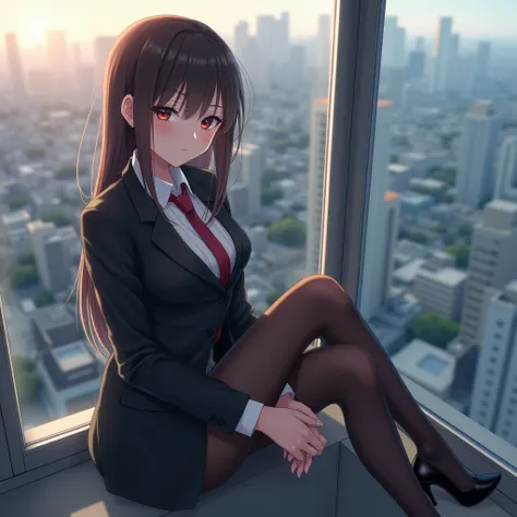 masterpiece, Bokeh, (Pretty Face), (Delicate face), (Perfect hands), (Japanese Idol:1.6), (Business suit:1.3), (Super realistic pantyhose:1.3), (Sitting on the top of the tower:1.3),( Balcony of a high-rise apartment building:1.3), (Blushed:1.3), High heel...