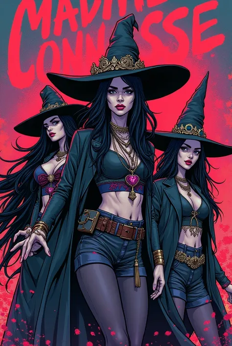 groupe de femme witch , elles sont rebelles, le fond est aux couleurs acidulés, style manga. il y à écrit " Madame Connasse " derrière elles