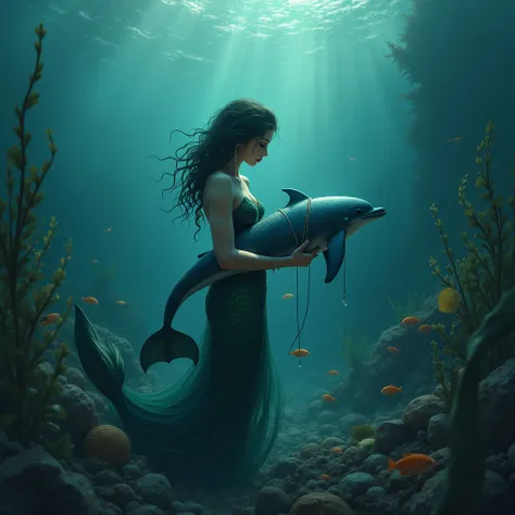 A large area of deep deep sea and  animals that live in the sea that swim there a little sunlight that shines on a mermaid that looks at the sea and the garbage around with tears in her eyes holding a dolphin that died because of a fishing net