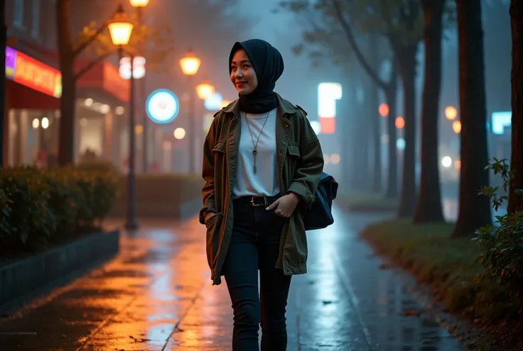 A university hijab cool korean girl wearing white shirt " Call Mill", fashionable tunic, black top jeans, high heals. Smiling. walking in the night rain  and deep inside his thoughts. She walked on the sidewalk, decorated with colorful park lights and flyi...