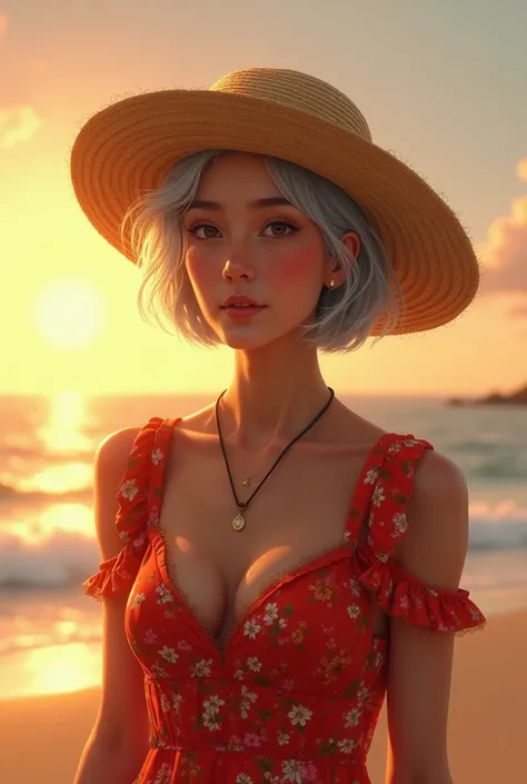 An fleshly aged woman wearing red floral summer dress,summer hat,bobcut haircut,sunset,beach 