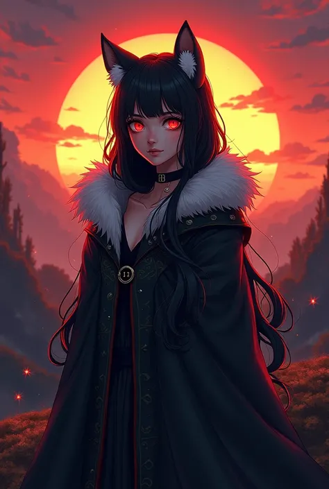 Dont Starve style, masterpiece, best quality, ultra-detailed, illustration, 1girl, black long hair, full red eyes, wolf ears, black mantle, fluffy collar, sunset