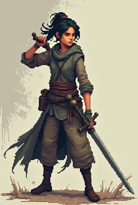 A teen wearing ragged cloths weilding a sword  2d style in pixel art 